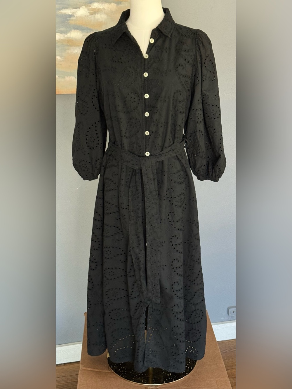 Valentina Naldi Black Eyelet Cotton Midi Shirt Dress Made In Italy Size Medium
